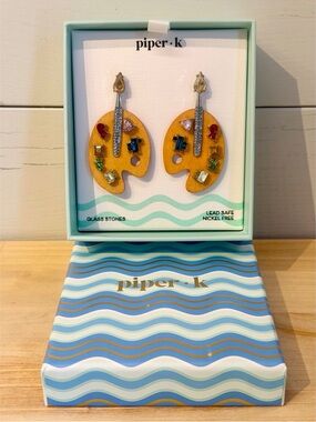 Piper K Paint Palette Artist Statement Earrings Multicolor Glass Stones Wood NIB